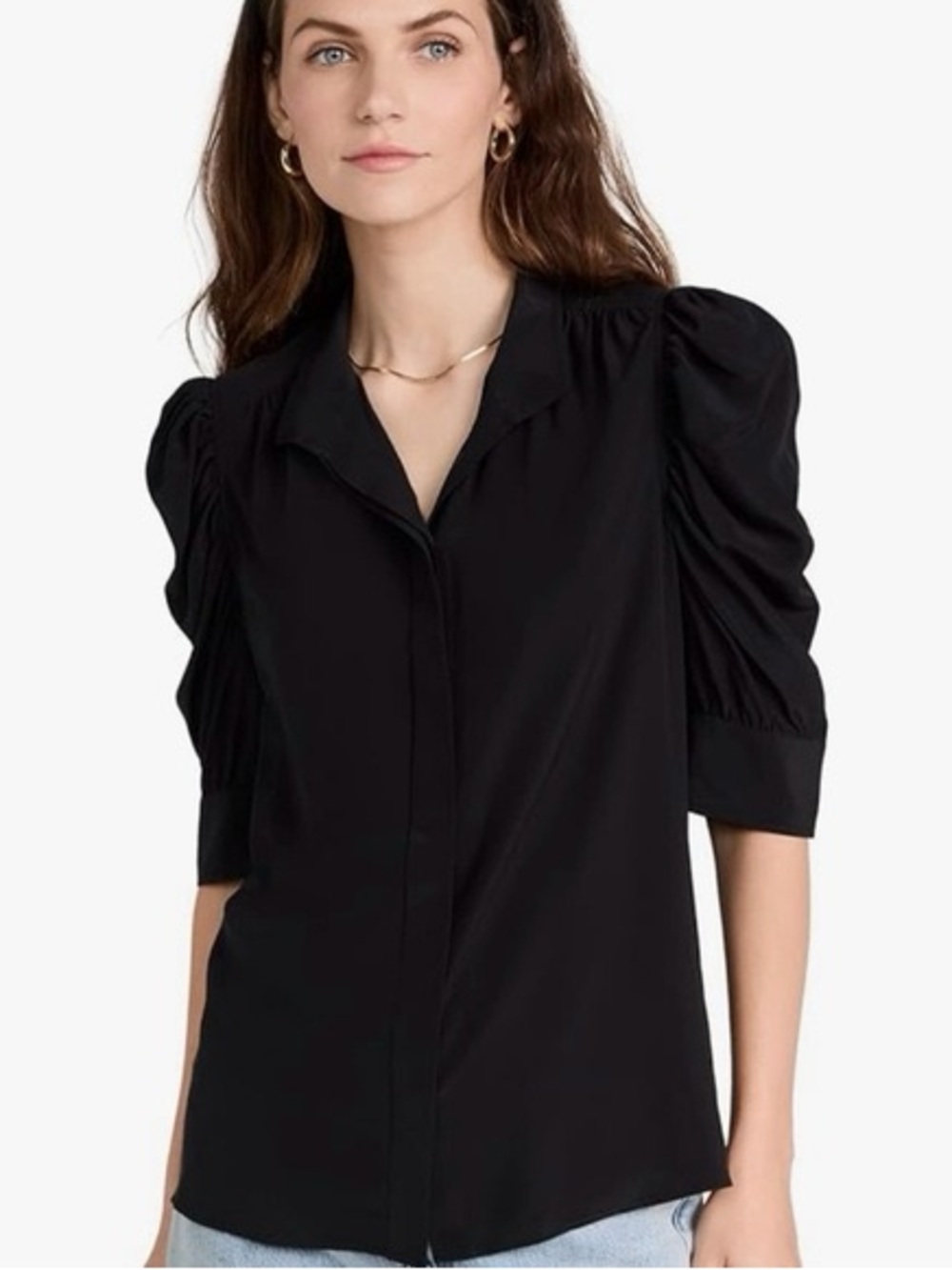 Frame Denim Gillian Silk Black Puff Sleeve Blouse